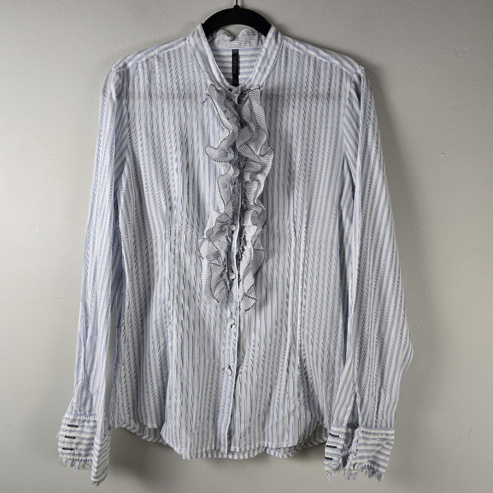 Vintage 90's Polo Jeans Ralph Lauren Ruffle Trim Pinstripe Blouse Top Preppy